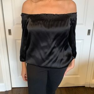 Women’s White House Black Market off the shoulder satin shirt.